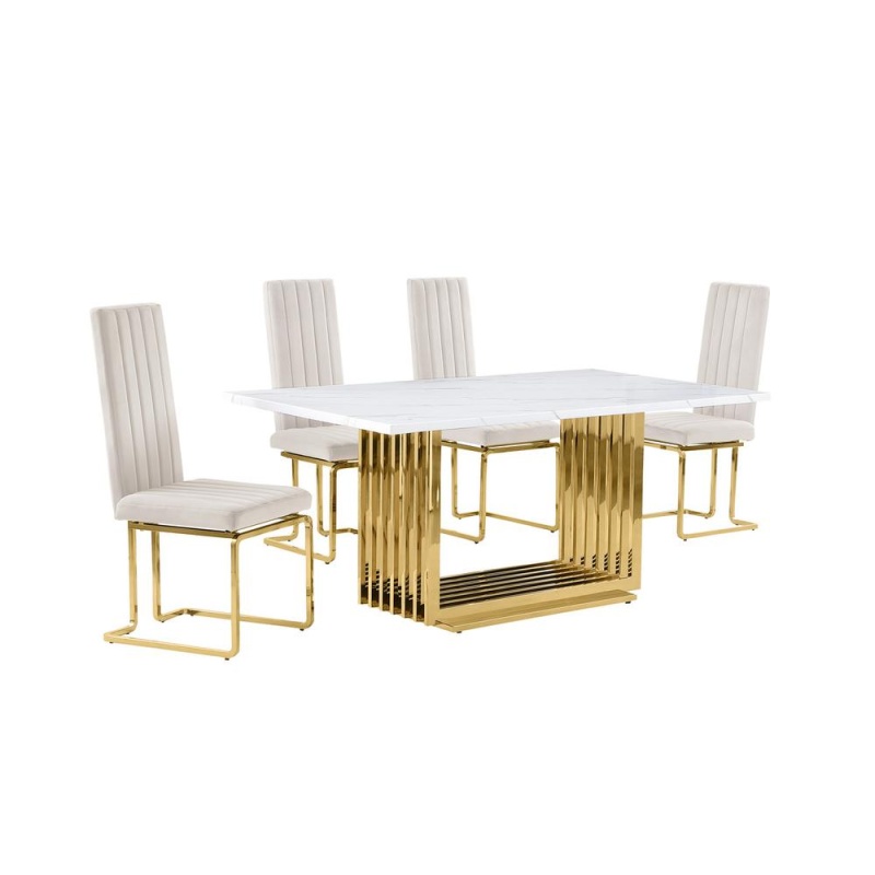 5Pc Small (68") Marble Top Dining Set With Gold Base and 4 Cream Side Chairs