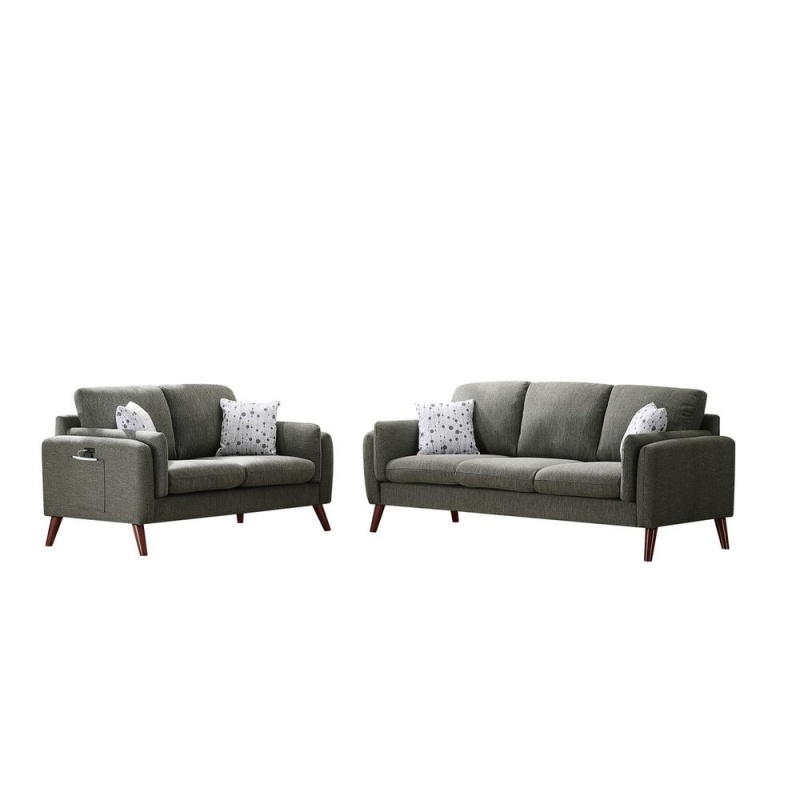 Winston Gray Linen Sofa And Loveseat Living Room Set With Usb Charger And Tablet Pocket
