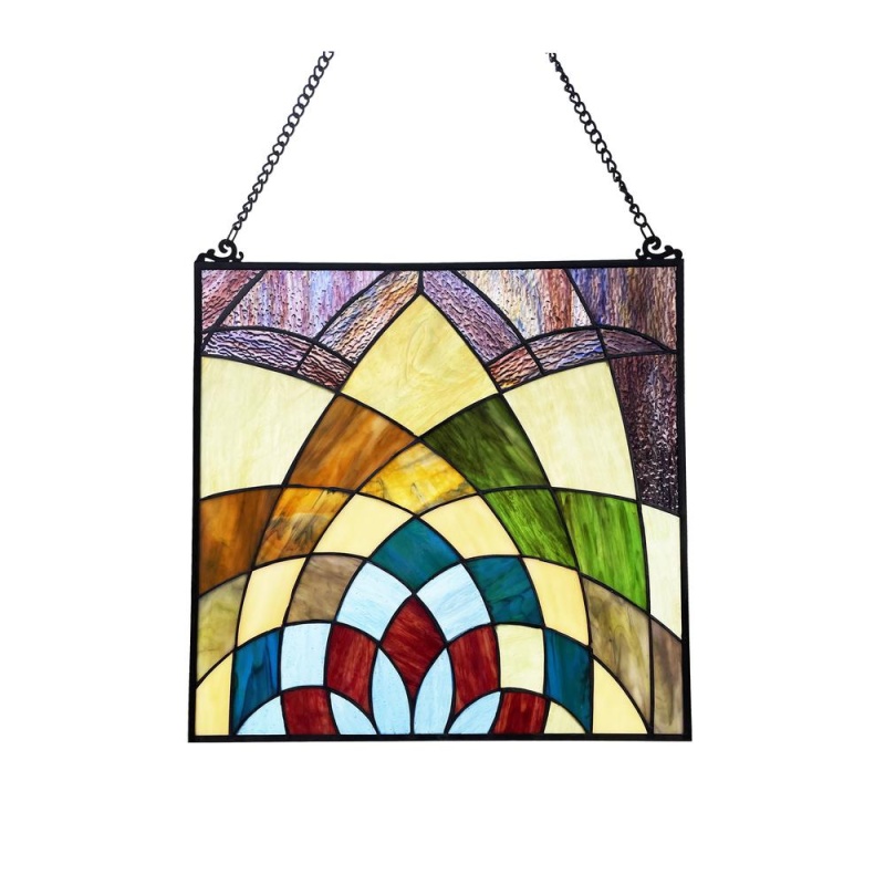 Kaleidoscope Geometric-Style Black Finish Stained Glass Window Panel 16" Tall