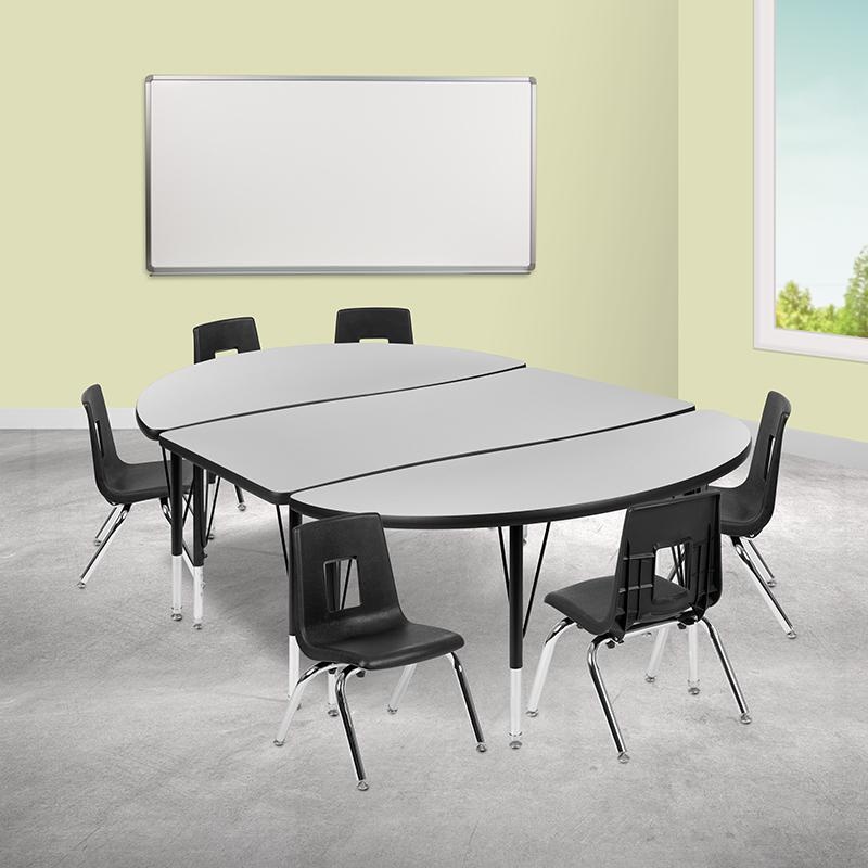 76" Oval Wave Collaborative Laminate Activity Table Set With 14" Student Stack Chairs, Grey/Black