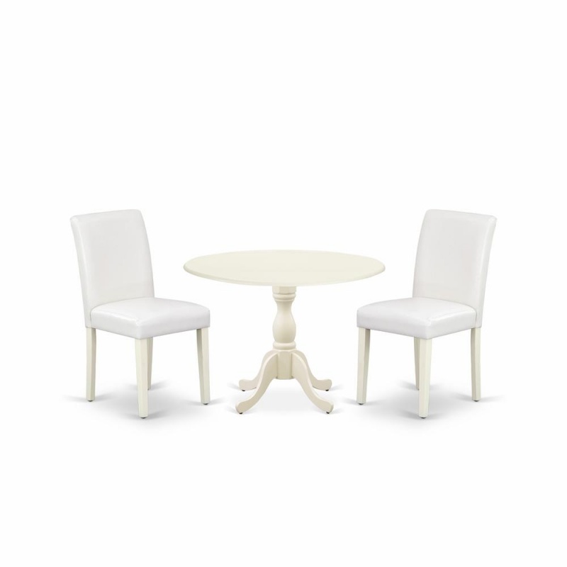 East West Furniture Dmab3-Lwh-64 3 Piece Dining Room Set Includes 1 Drop Leaves Dining Table And 2 White Pu Leather Upholstered Dining Chairs With High Back - Linen White Finish