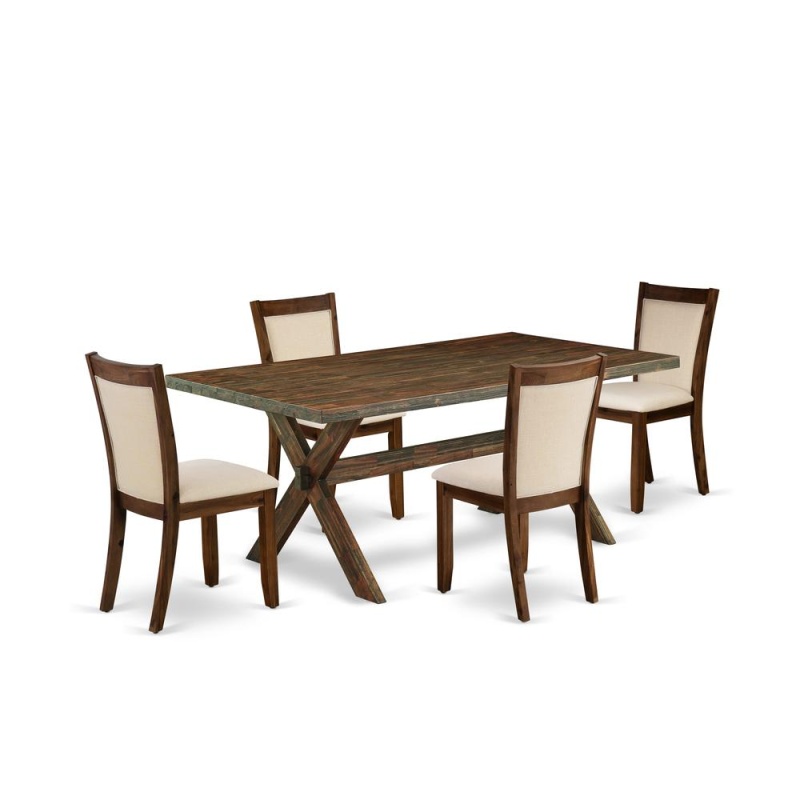 East West Furniture 5-Piece Dining Table Set Includes A Rectangular Dining Table And 4 Light Beige Linen Fabric Upholstered Chairs With Stylish Back - Distressed Jacobean Finish