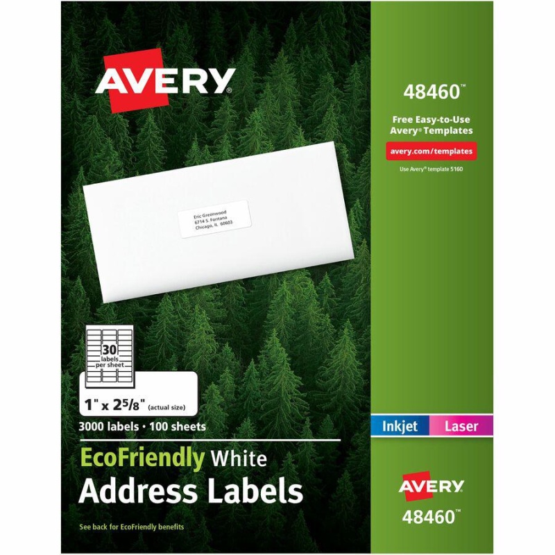 Avery® Ecofriendly Address Labels - 1" Width X 2 5/8" Length - Permanent Adhesive - Rectangle - Laser, Inkjet - White - Paper - 30 / Sheet - 100 Total Sheets - 3000 Total Label(S) - 3000 / Box