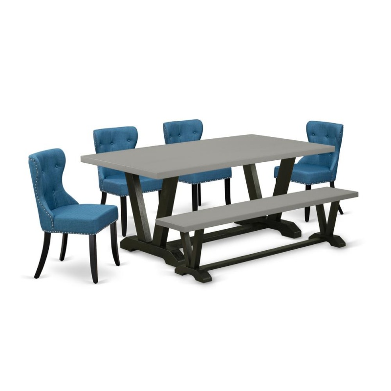 East West Furniture V697si121-6 6-Piece Dining Table Set- 4 Mid Century Dining Chairs With Blue Linen Fabric Seat And Button Tufted Chair Back - Rectangular Top & Wooden Legs Kitchen Table And Dining