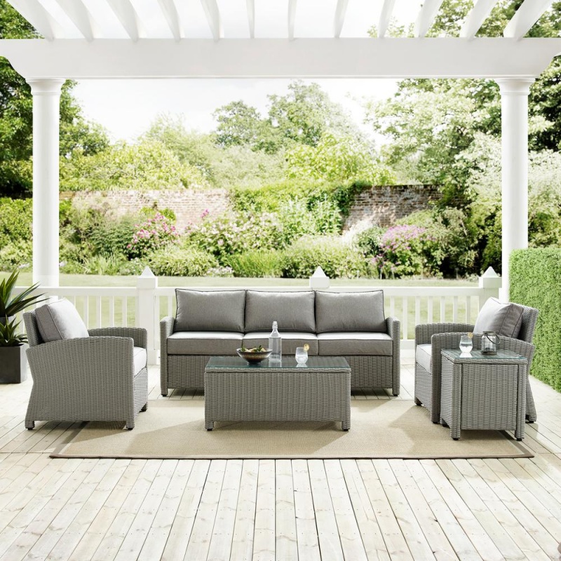 Bradenton 5Pc Outdoor Wicker Conversation Set Gray/Gray - Sofa, 2 Arm Chairs, Side Table, Glass Top Table