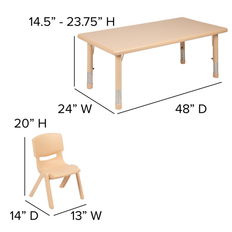 24"W X 48"L Rectangular Natural Plastic Height Adjustable Activity Table Set With 6 Chairs