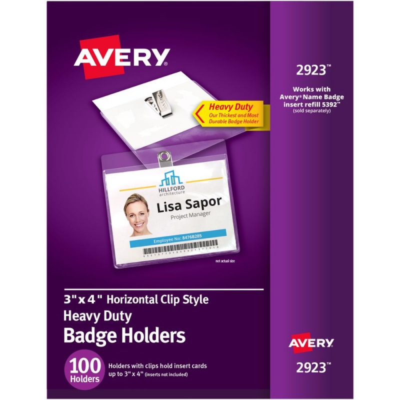 Avery® Heavy-Duty Badge Holders - Clip Style - Support 3" X 4" Media - Horizontal - 4" X 3" - Plastic - 100 / Box - Clear
