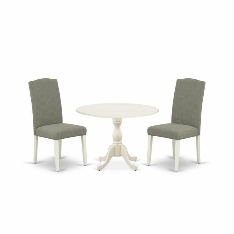 East West Furniture Dmen3-Lwh-06 3 Piece Dinette Sets Contains 1 Drop Leaves Wooden Table And 2 Dark Shitake Linen Fabric Parsons Chair High Back With Nail Heads - Linen White Finish