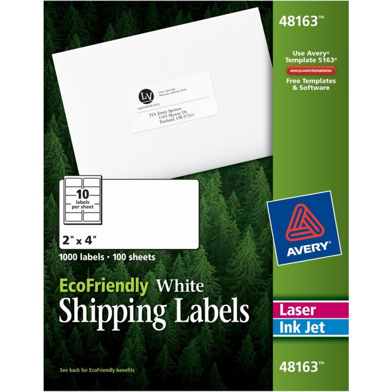 Avery® Ecofriendly Shipping Labels, Permanent Adhesive, 2" X 4" , 1,000 Labels (48163) - 2" Width X 4" Length - Permanent Adhesive - Rectangle - Laser, Inkjet - White - Paper - 10 / Sheet - 100 To