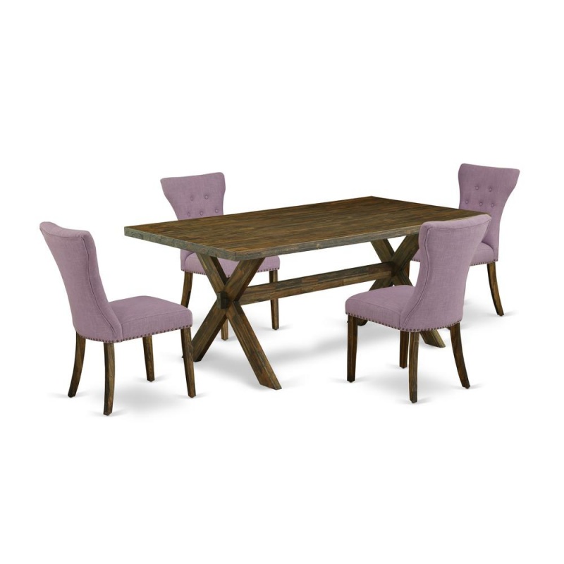 East West Furniture 5-Pc Modern Dinette Set Included 4 Modern Dining Chairs Upholstered Seat And High Button Tufted Chair Back And Rectangular Dining Room Table With Distressed Jacobean Rectangular Di