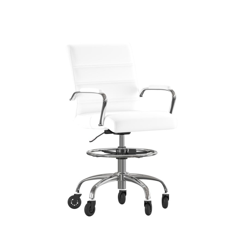 Lexi Mid-Back White Leathersoft Drafting Chair With Adjustable Foot Ring, Chrome Base, And Transparent Roller Wheels