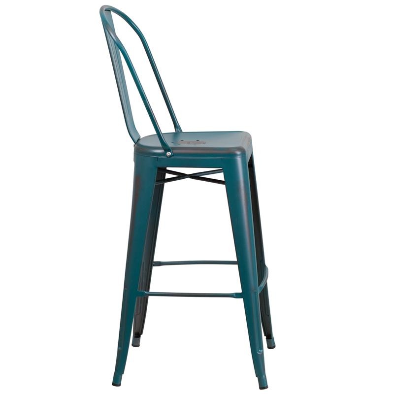 Commercial Grade 30" High Distressed Kelly Blue-Teal Metal Indoor-Outdoor Barstool With Back