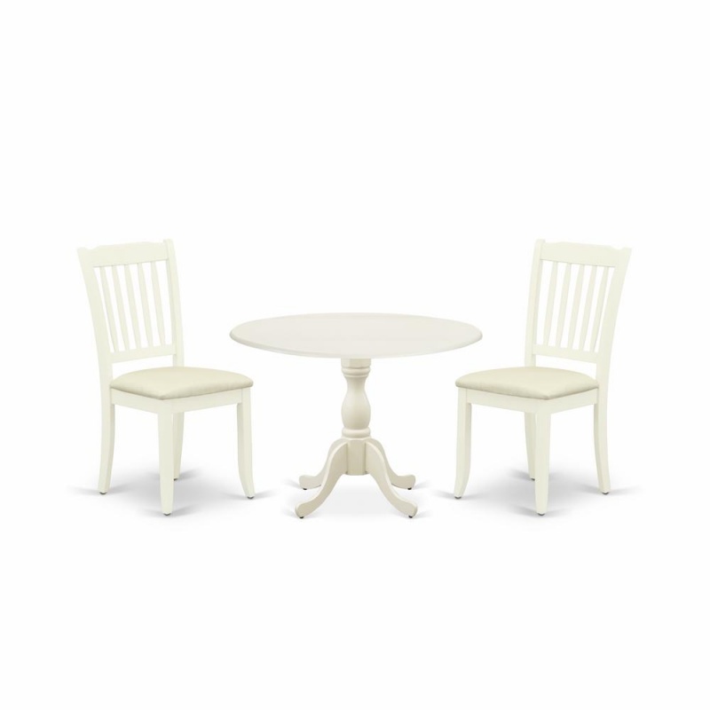 East West Furniture Dmda3-Lwh-C 3 Piece Dining Room Table Set Includes 1 Drop Leaves Dining Room Table And 2 Linen White Wooden Dining Chairs With Slatted Back - Linen White Finish