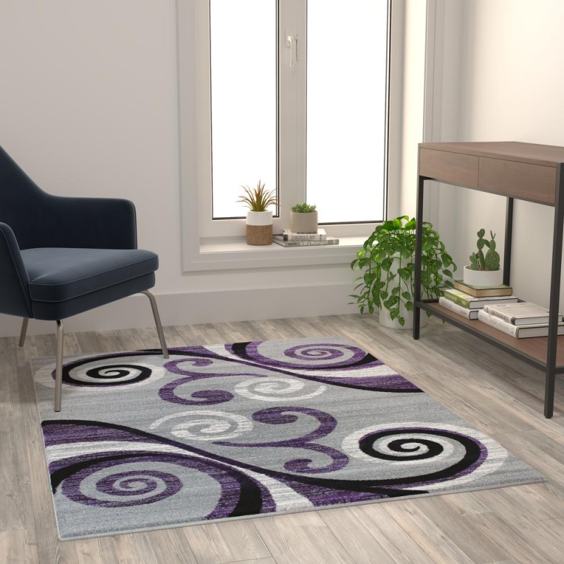 Valli Collection 4' X 5' Purple Abstract Area Rug - Olefin Rug With Jute Backing - Hallway, Entryway, Bedroom, Living Room