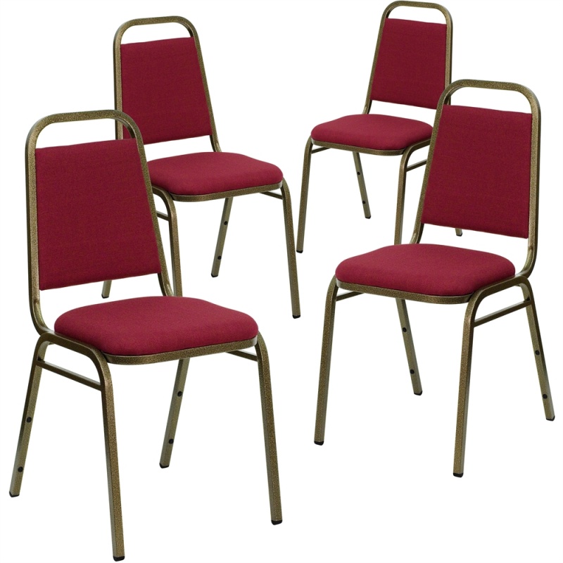 4 Pk. Hercules Series Trapezoidal Back Stacking Banquet Chair With Burgundy Fabric And 1.5'' Thick Seat - Gold Vein Frame