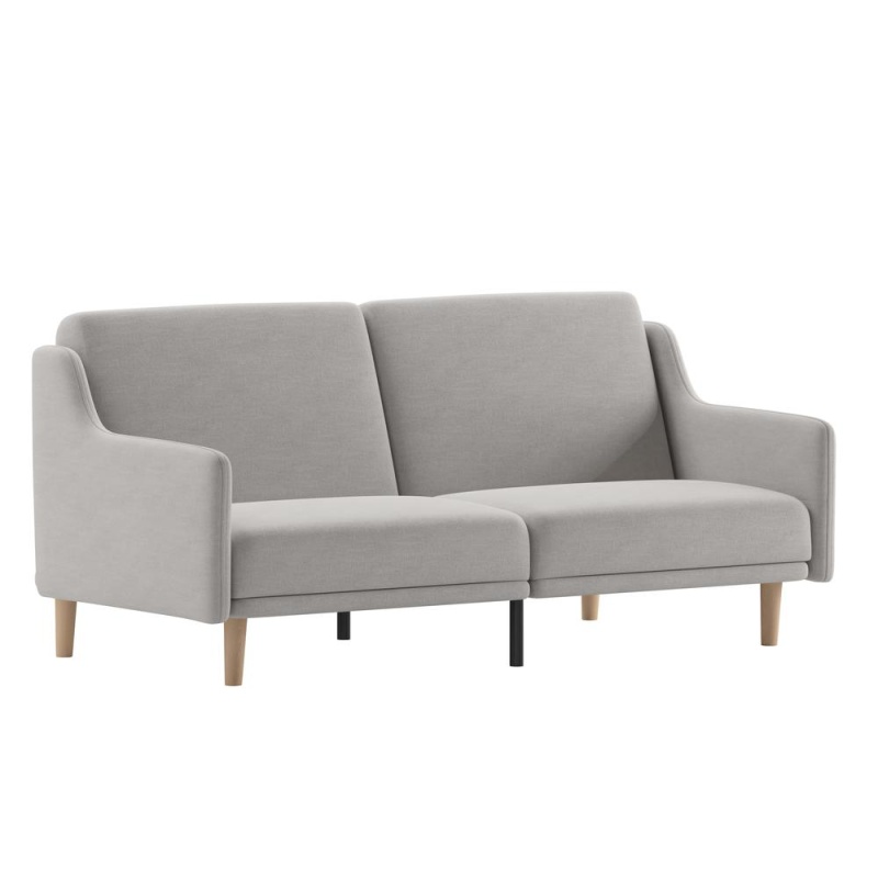 Delphine Premium Convertible Split Back Sofa Futon With Curved Armrests And Solid Wood Legs - Gray Faux Linen Upholstery