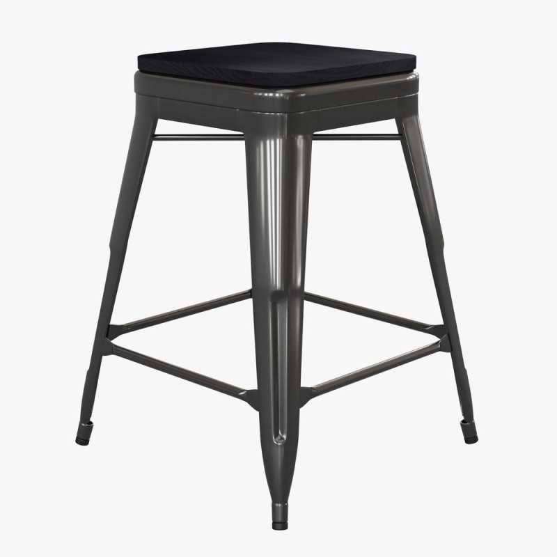 Kai Commercial Grade 24" High Backless Black Metal Indoor-Outdoor Counter Height Stool With Square Black Poly Resin Wood Seat