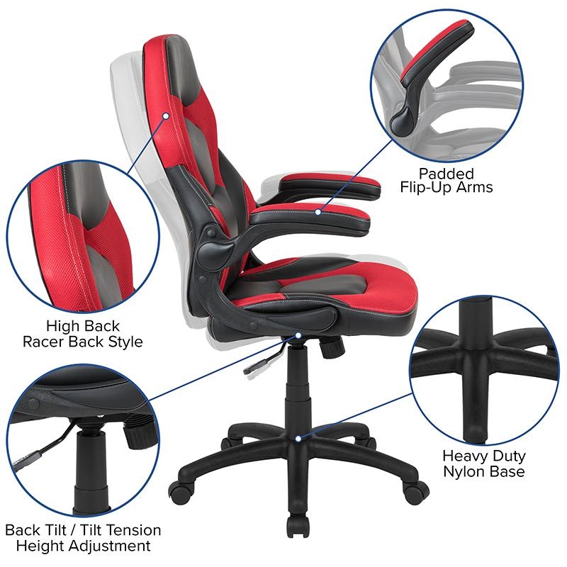 Red Gaming Desk And Red/Black Racing Chair Set With Cup Holder And Headphone Hook
