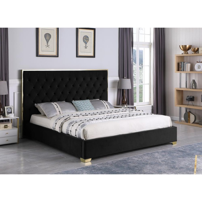 Kressa Velour Fabric Tufted Queen Platform Bed In Black/Gold