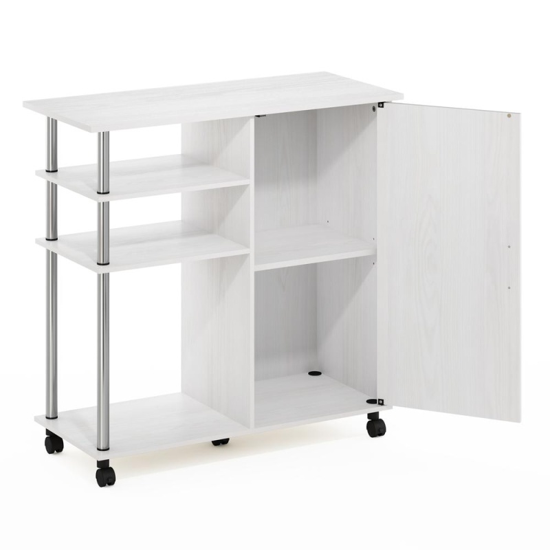 Furinno Helena 4-Tier Utility Kitchen Island And Storage Cart On Wheels With Stainless Steel Tubes, White Oak/Chrome