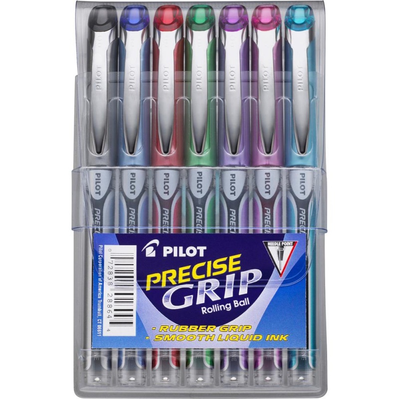 Pilot Precise Grip Extra-Fine Capped Rolling Ball Pens - Extra Fine Pen Point - 0.5 Mm Pen Point Size - Needle Pen Point Style - Black, Red, Blue, Green, Purple, Pink, Turquoise - 7 / Pack