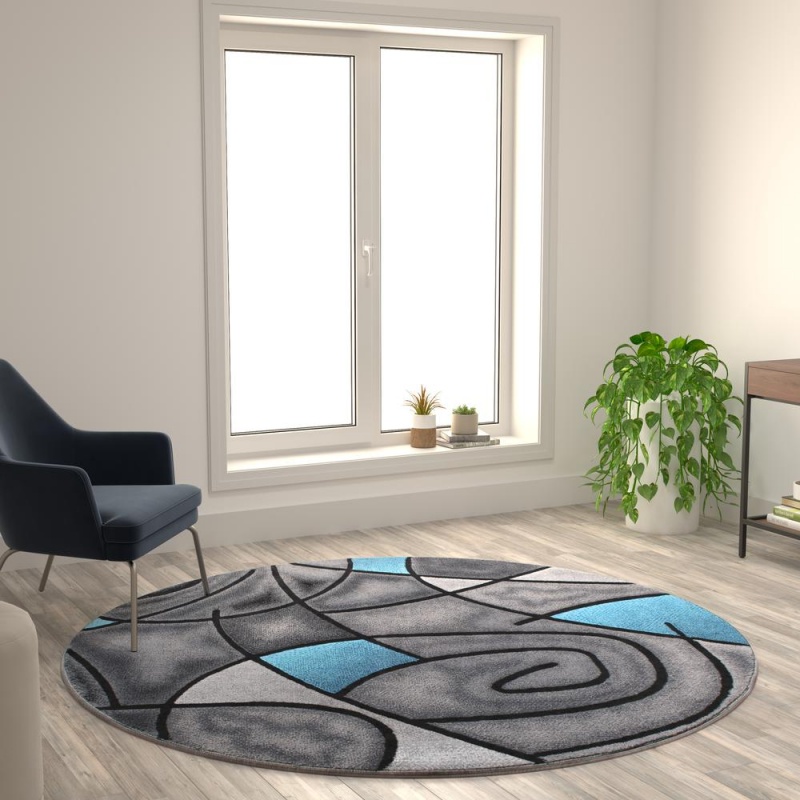Jubilee Collection 7' X 7' Round Red Abstract Area Rug - Olefin Rug With Jute Backing - Living Room, Bedroom, Family Room
