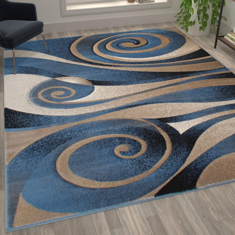 Coterie Collection 5' X 7' Modern Circular Patterned Indoor Area Rug - Blue And Beige Olefin Fibers With Jute Backing