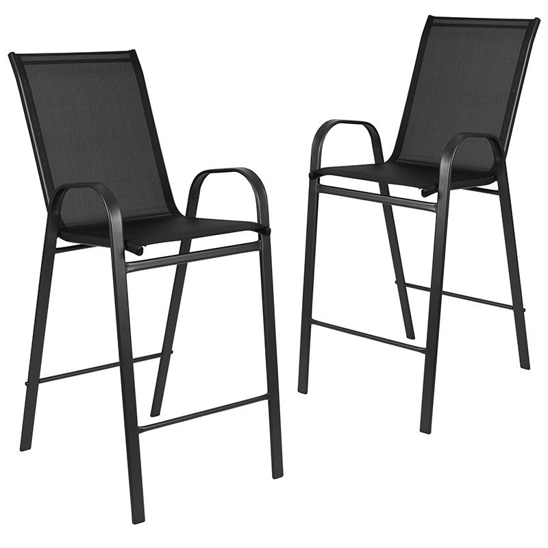 2 Pack Brazos Series Black Outdoor Barstool With Flex Comfort Material And Metal Frame