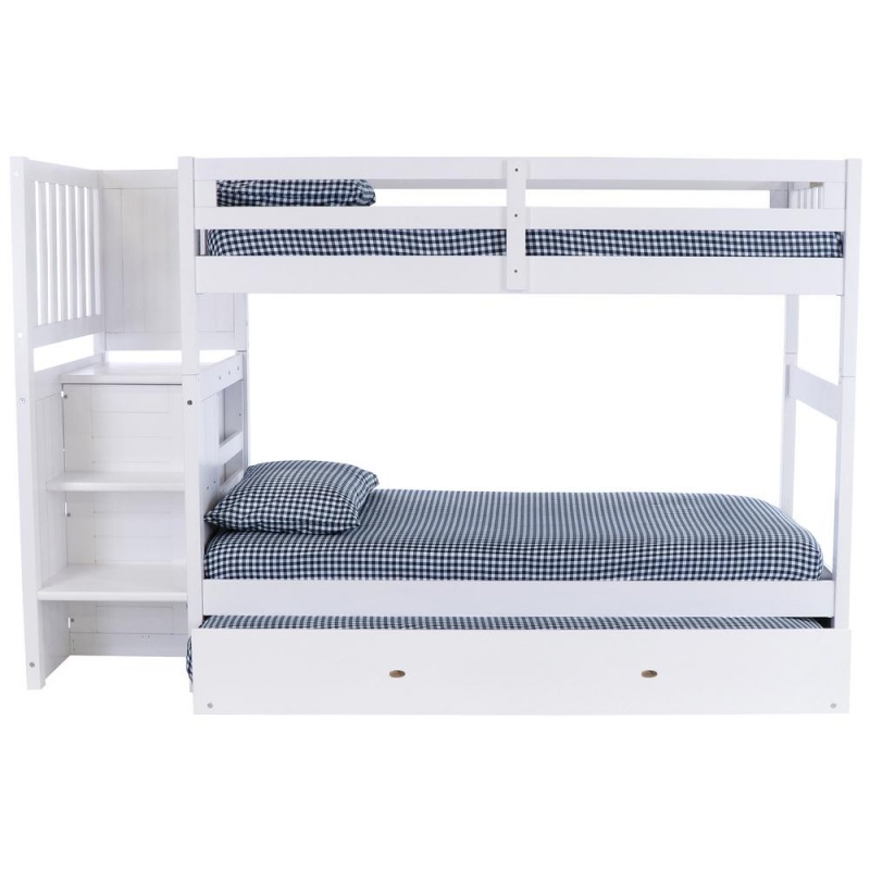 Os Home And Office Furniture Model Solid Pine Mission Staircase Twin Over Twin Bunk Bed With Four Drawer Chest And A Roll Out Twin Trundle Bed In Casual White