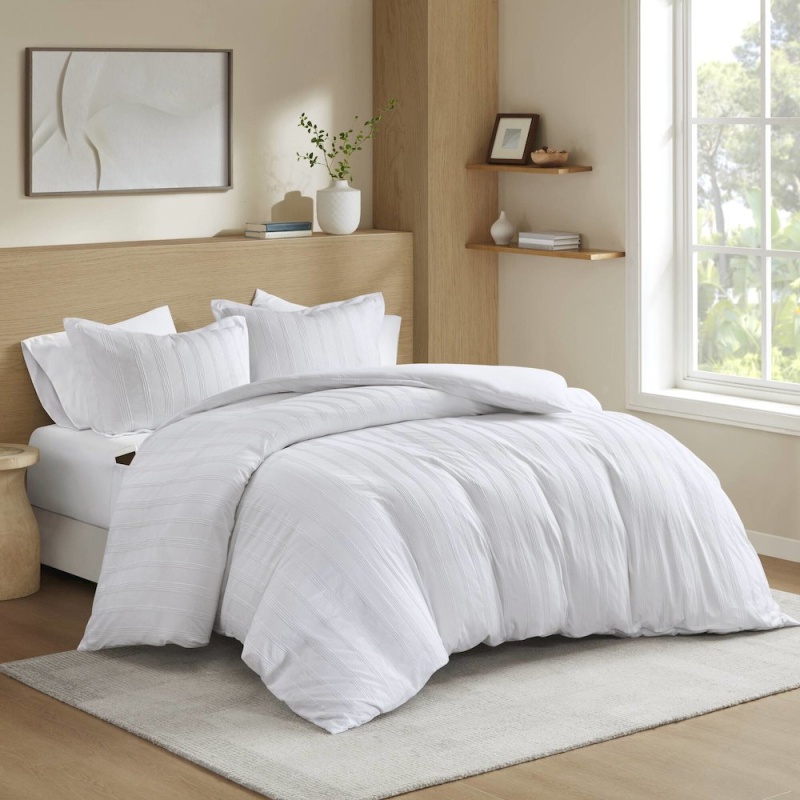 Logan Woven Striped Duvet Set, White Color