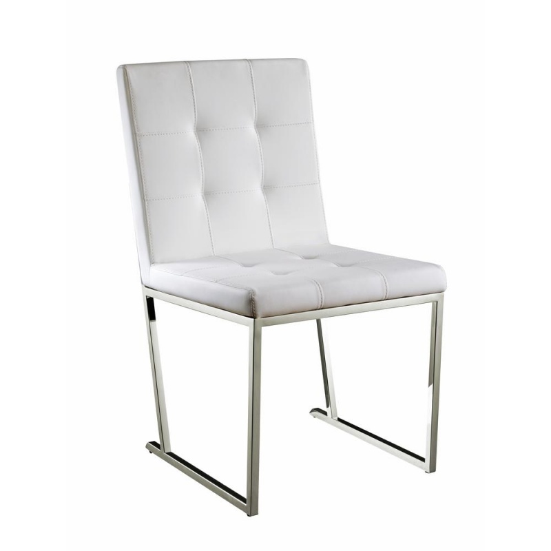 Desi Dining Chair White Faux Leather Tufted Back And Seat Polished Stainless Steel Legs