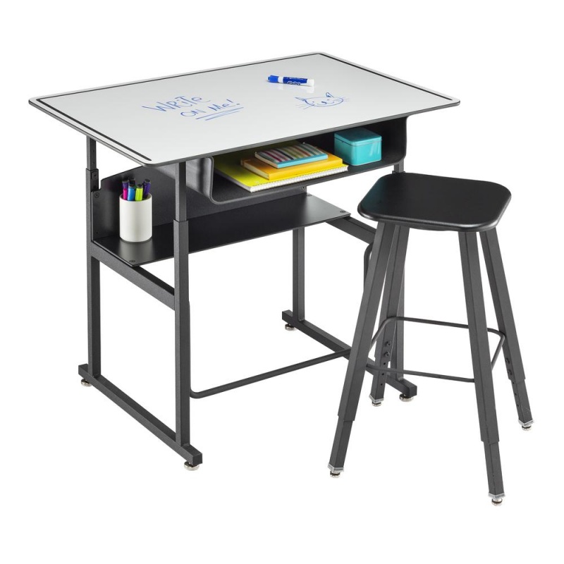 Alphabetter® Adjustable-Height Stand-Up Desk, 36 X 24" Premium Or Dry Erase Top, Book Box And Swinging Footrest Bar - Dryerase
