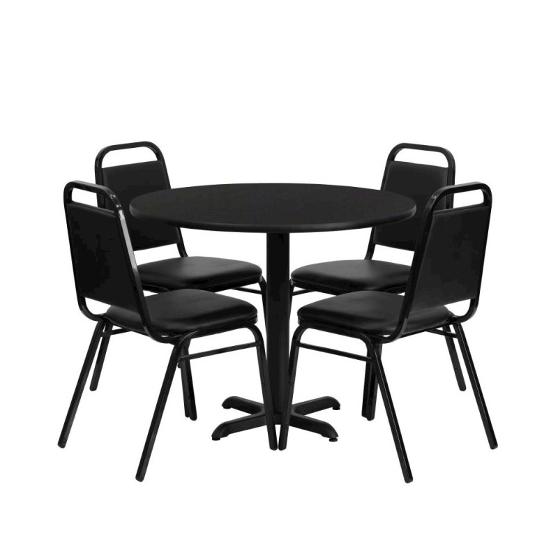 36'' Black Table Set With X-Base And 4 Black Trapezoidal Back Banquet Chairs