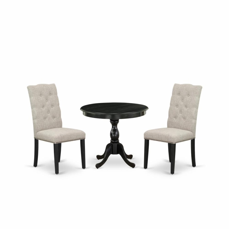East West Furniture 3 Piece Dining Set Consists Of 1 Modern Dining Table And 2 Doeskin Linen Fabric Dining Chairs Button Tufted Back With Nail Heads - Wire Brushed Black Finish