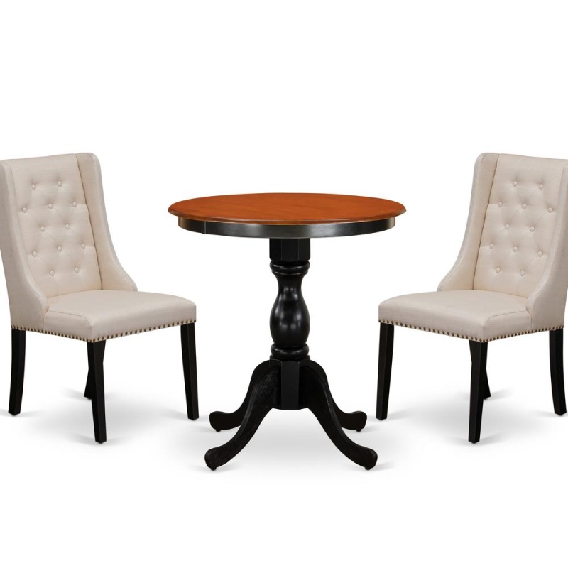 East West Furniture 3-Piece Mid Century Dining Set Consist Of Dining Table And 2 Cream Linen Fabric Parson Chairs With Button Tufted Back - Black Finish