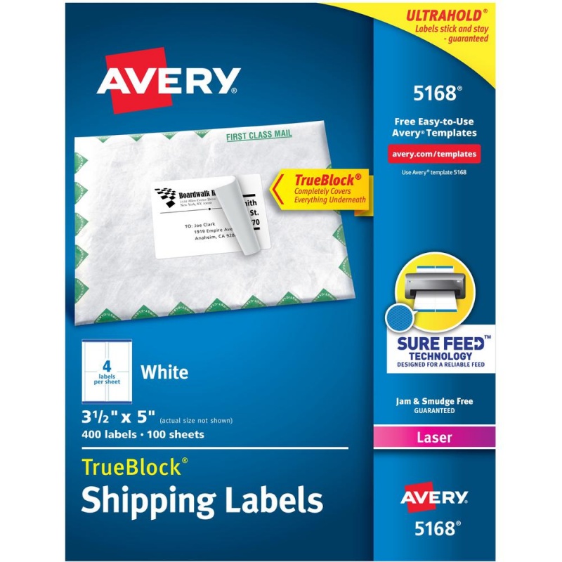 Avery® Trueblock® Shipping Labels, Sure Feed® Technology, Permanent Adhesive, 3-1/2" X 5" , 400 Labels (5168) - Avery® Shipping Labels, Sure Feed, 3-1/2" X 5" , 400 Labels (5168)