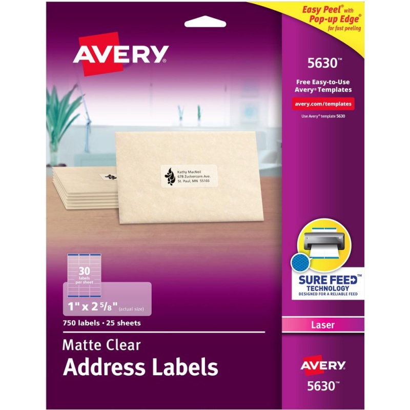 Avery® Easy Peel Return Address Labels - 1" Width X 2 5/8" Length - Permanent Adhesive - Rectangle - Laser - Clear - Film - 30 / Sheet - 25 Total Sheets - 750 Total Label(S) - 750 / Box
