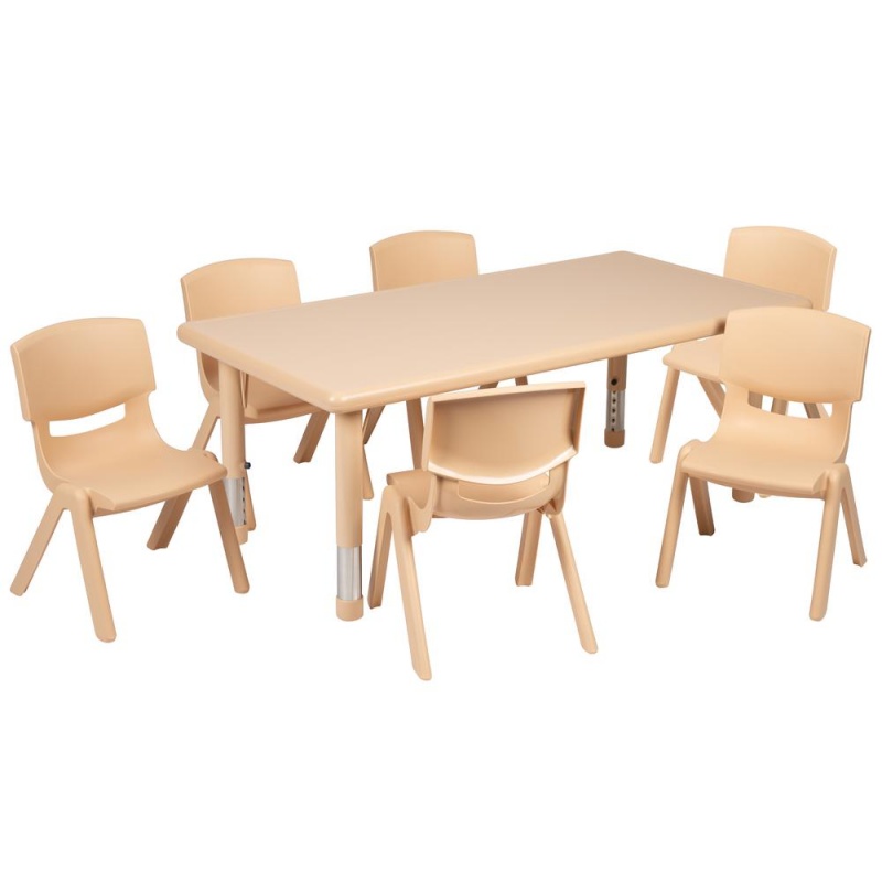 24"W X 48"L Natural Plastic Height Adjustable Activity Table Set With 6 Chairs