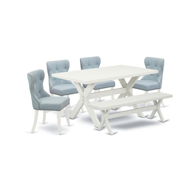 East West Furniture X026si215-6 6-Pc Dinette Set- 4 Dining Chairs With Baby Blue Linen Fabric Seat And Button Tufted Chair Back - Rectangular Top & Wooden Cross Legs Kitchen Dining Table And Wooden Di