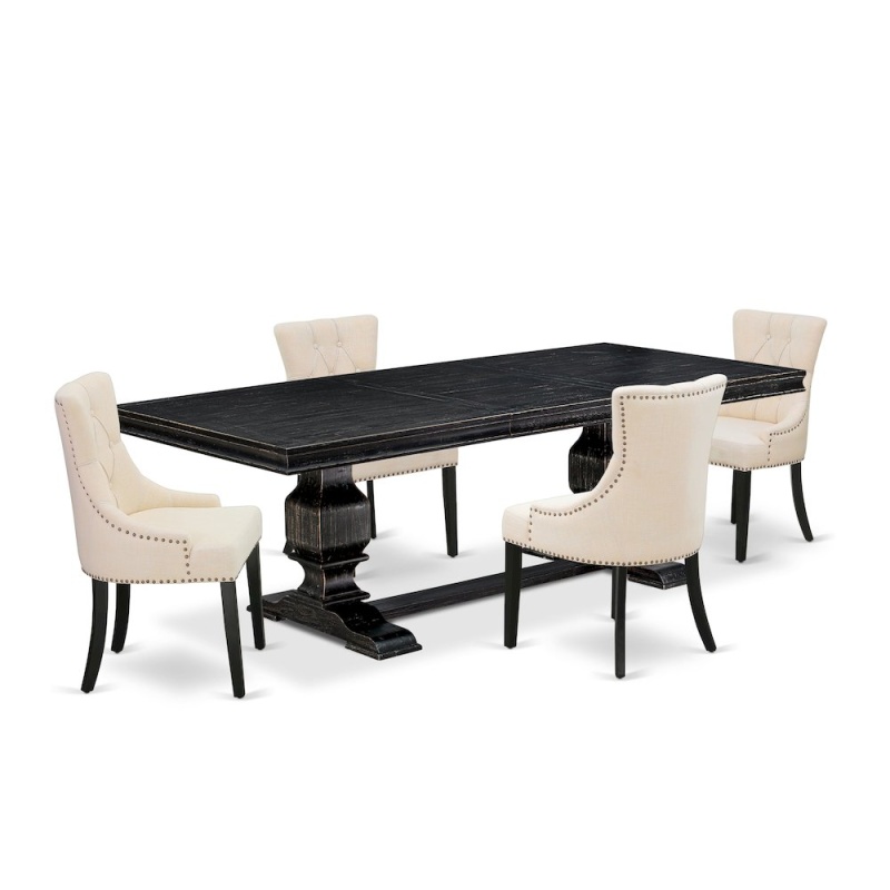 5 Piece Kitchen Set Of A Table And 4 Linen Fabric Dining Chairs & Black Legs