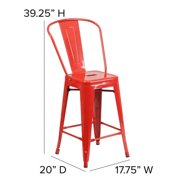 Kai Commercial Grade 24" High Red Metal Indoor-Outdoor Counter Height Stool With Removable Back And Square Teak All-Weather Poly Resin Seat