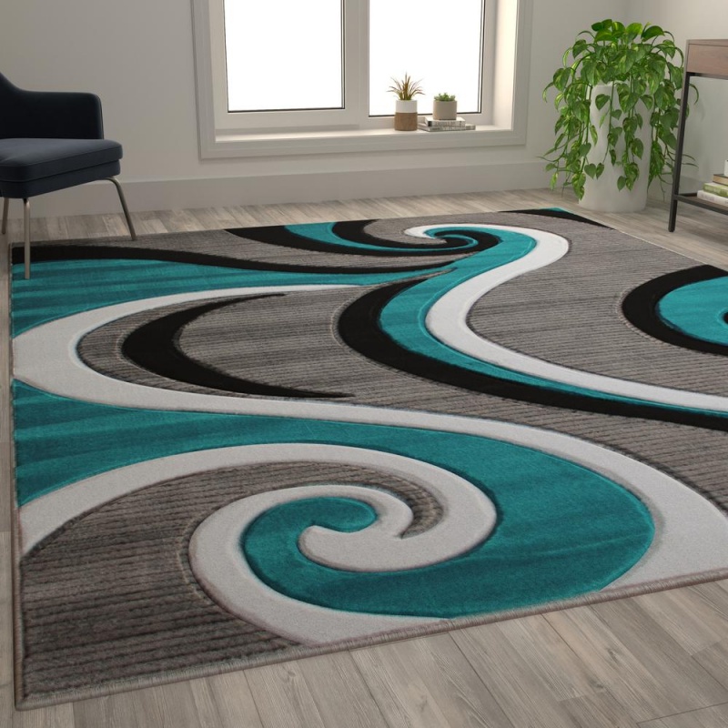 Athos Collection 8' X 10' Turquoise Abstract Area Rug - Olefin Rug With Jute Backing - Hallway, Entryway, Or Bedroom