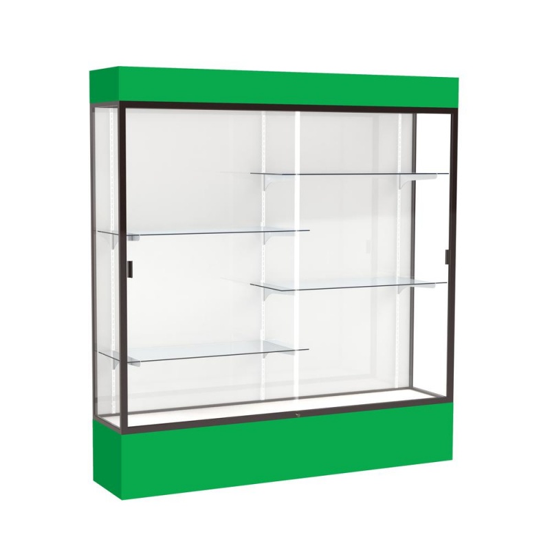 Spirit 72"W X 80"H X 16"D Lighted Floor Case, White Back, Dk. Bronze Finish, Kelly Green Base And Top