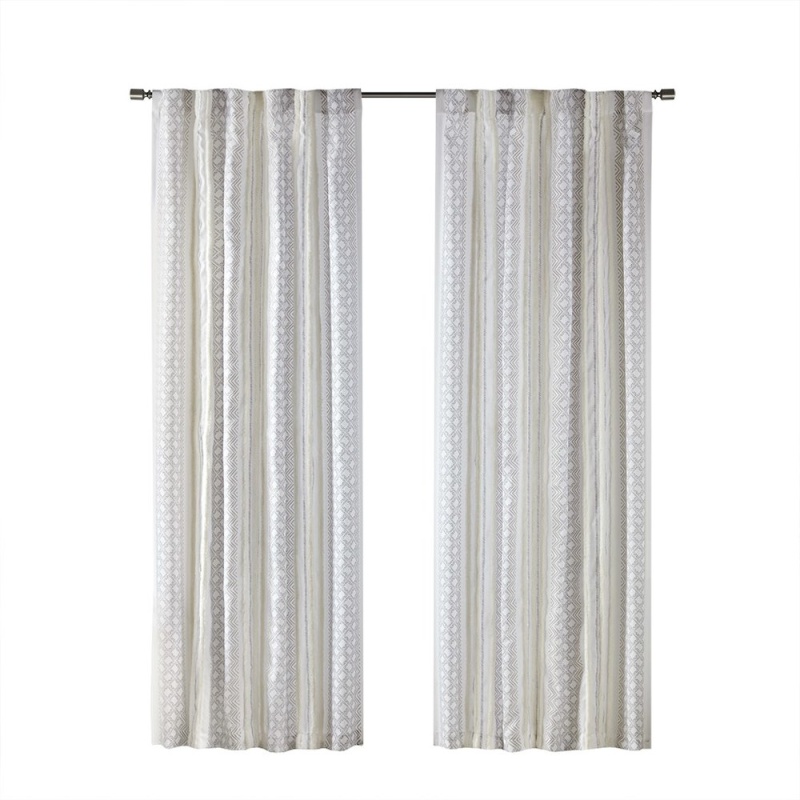 Ebby 2Pk Poly Printed Curtain Panel with Tufted Stripe in White/Taupe