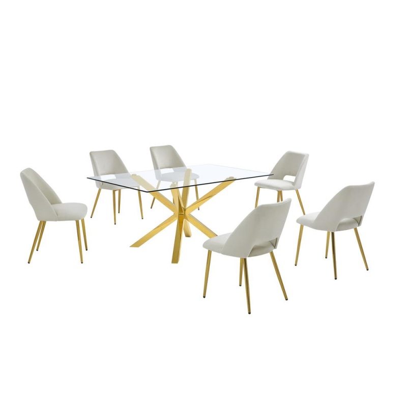 7Pc Modern Glass Dining Table With 6 Cream Side Chairs
