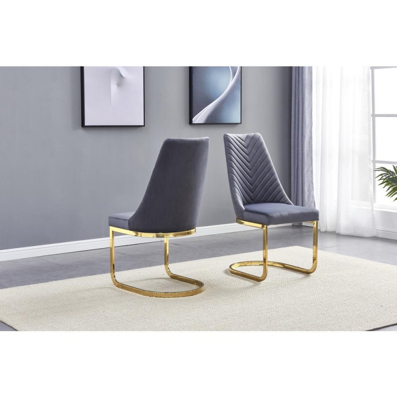 Square Tempered Glass 5Pc Gold Set Chrome Chairs In Dark Grey Velvet