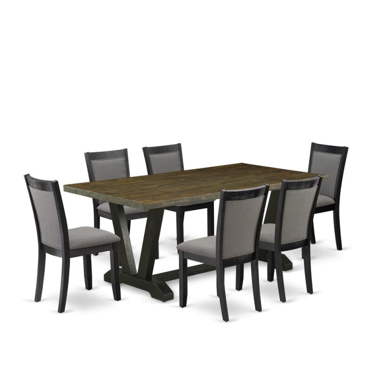 East West Furniture 7 Pc Dining Table Set - Distressed Jacobean Top Dining Table With Trestle Base And 6 Dark Gotham Grey Linen Fabric Dining Chairs - Wire Brushed Black Finish