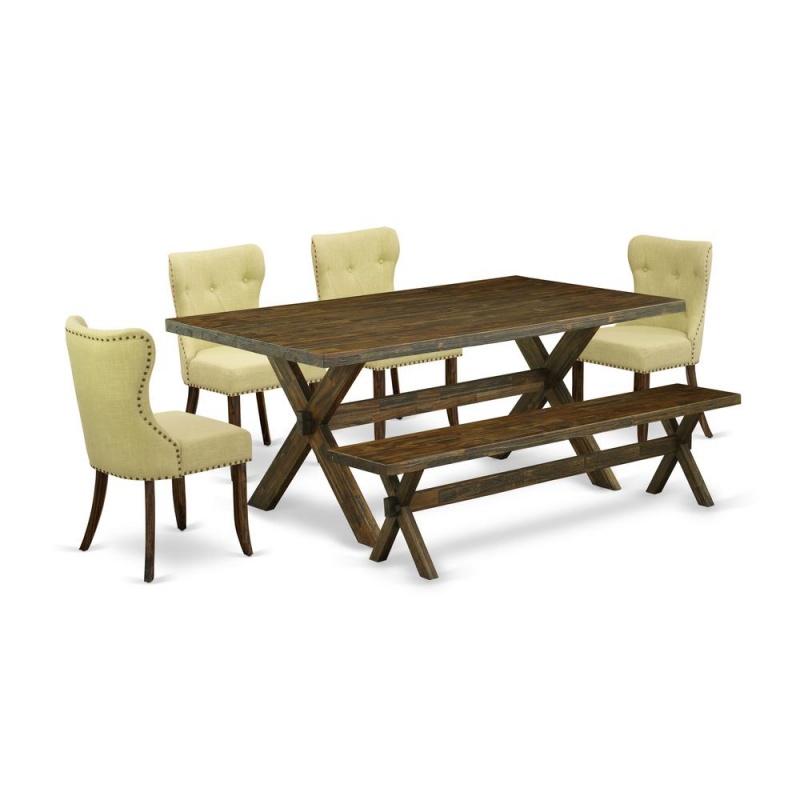 East West Furniture X777si737-6 6-Piece Dining Room Table Set- 4 Kitchen Parson Chairs With Limelight Linen Fabric Seat And Button Tufted Chair Back - Rectangular Top & Wooden Cross Legs Mid Century d