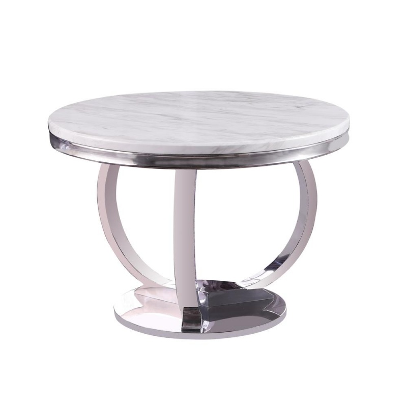 Layla White Modern Faux Marble Round Dining Table With Silver Base