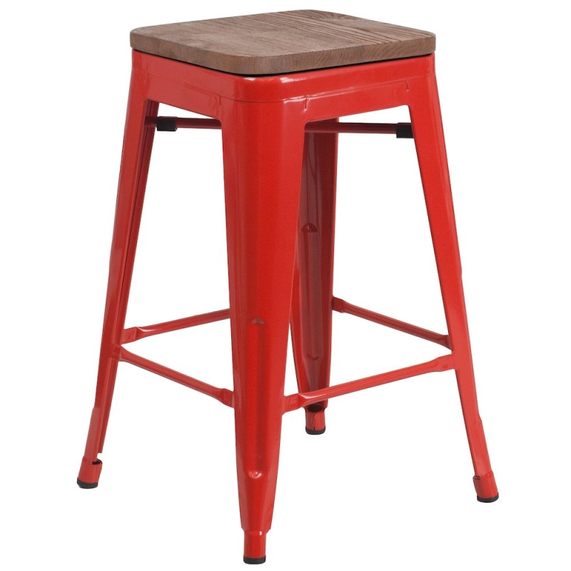 24" High Backless Red Metal Counter Height Stool With Square Wood Seat